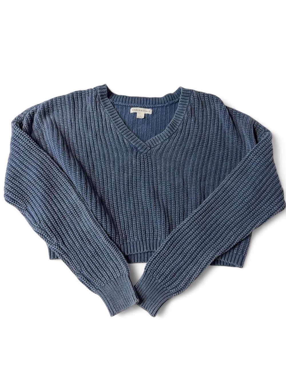 Aeropostale Blue Cropped Chunky Knit V-Neck Sweater - Women's Small